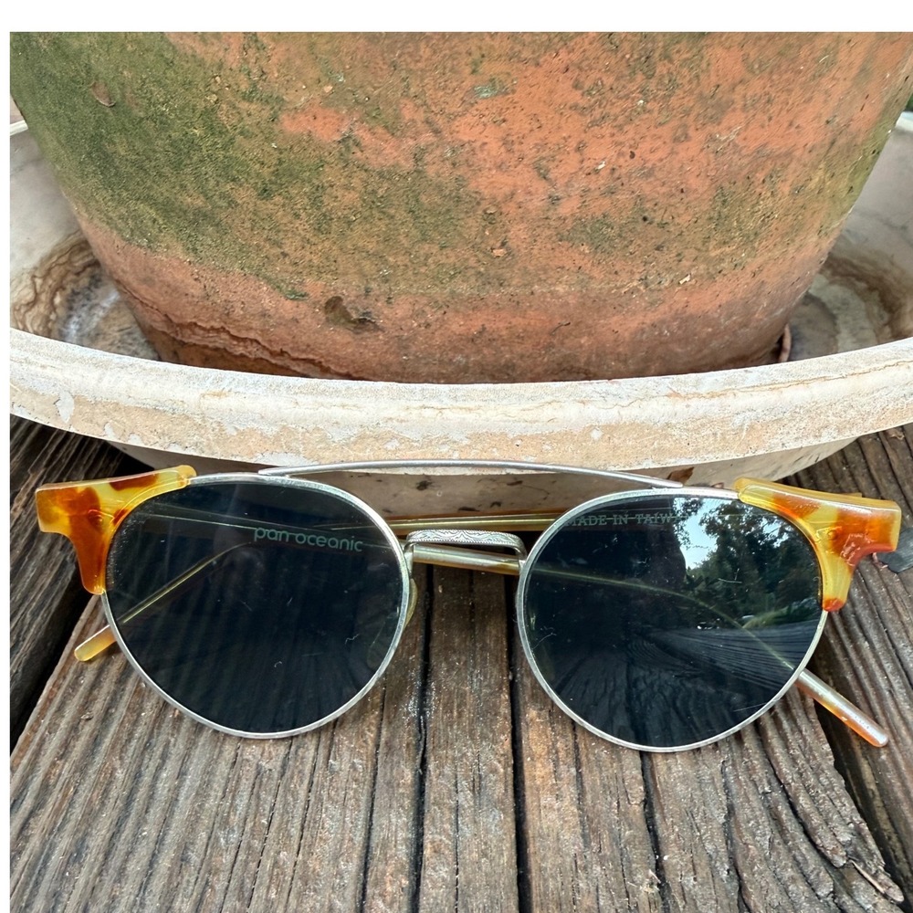 Vintage Pan Oceanic Sunglasses Silver Round Metal Faux Tortoise Amber Taiwan